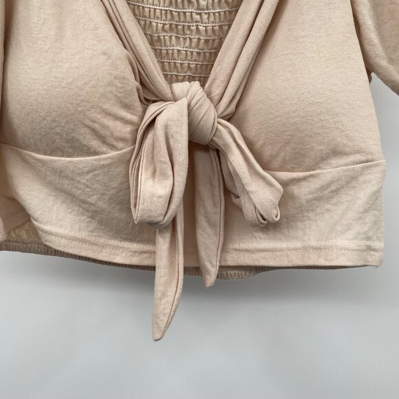 Listicle Womens Crop Top Knotted Front Short Sleeve Beige Size Large Padded - Picture 4 of 7